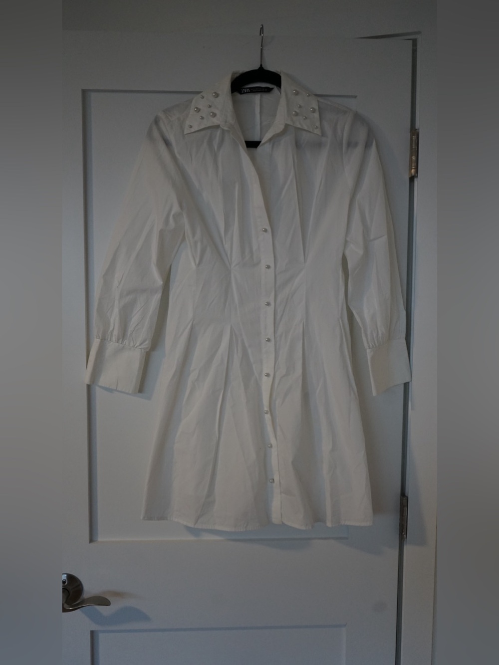 Zara White Long-Sleeve Pearl-Button Shirt Dress with Studded Collar
